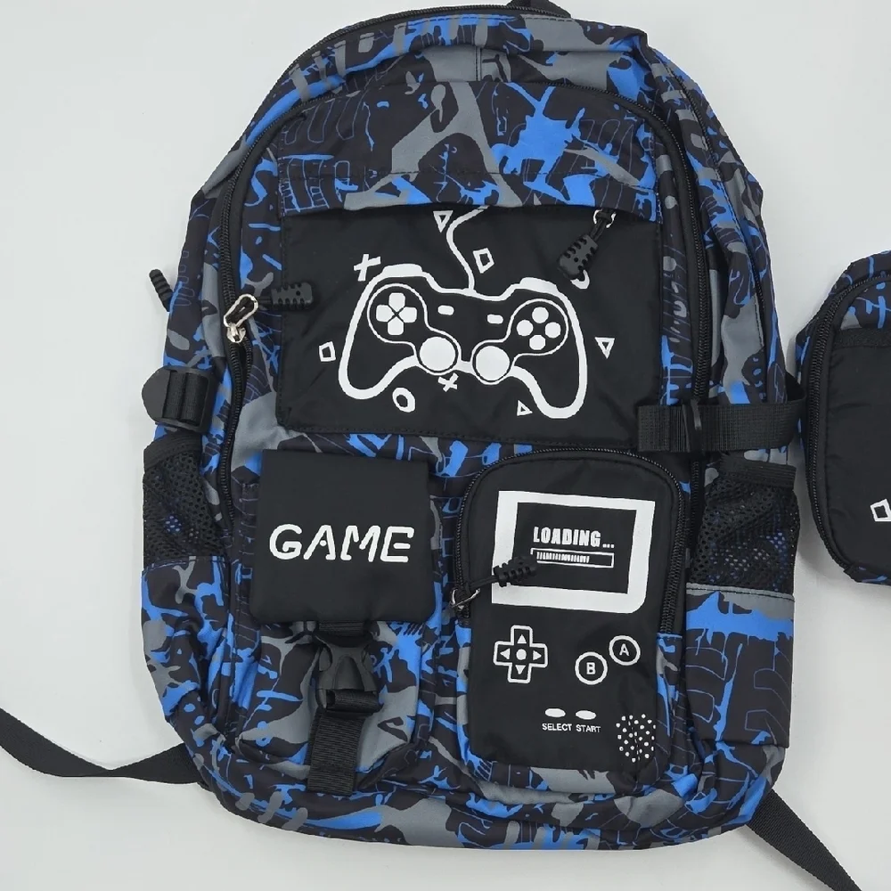 Blue and Black Gaming Backpack Set with Controller Design Glow In The Dark NWOT